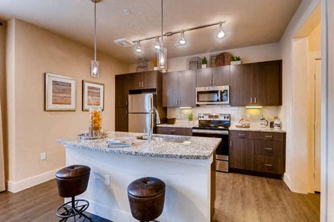 Modern Kitchen with Stainless Steel Appliances & Espresso-Wood Cabinetry at Touchstone Modern Apartment Homes, Colorado